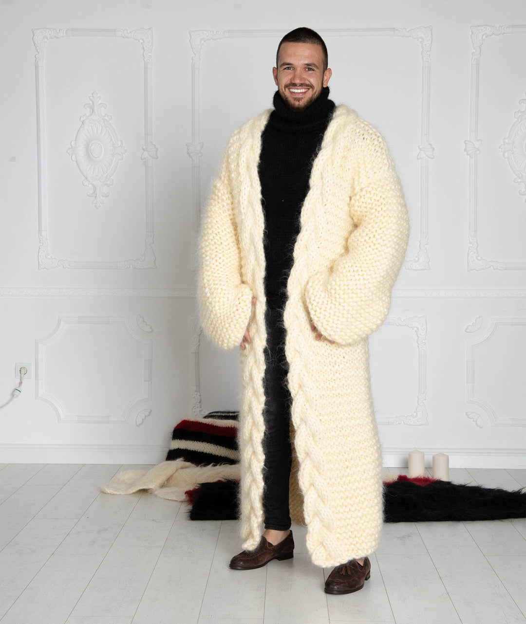 Long Cream Mohair Cardigan – Oversized Hand-Knitted Chunky Knit Jacket T639M