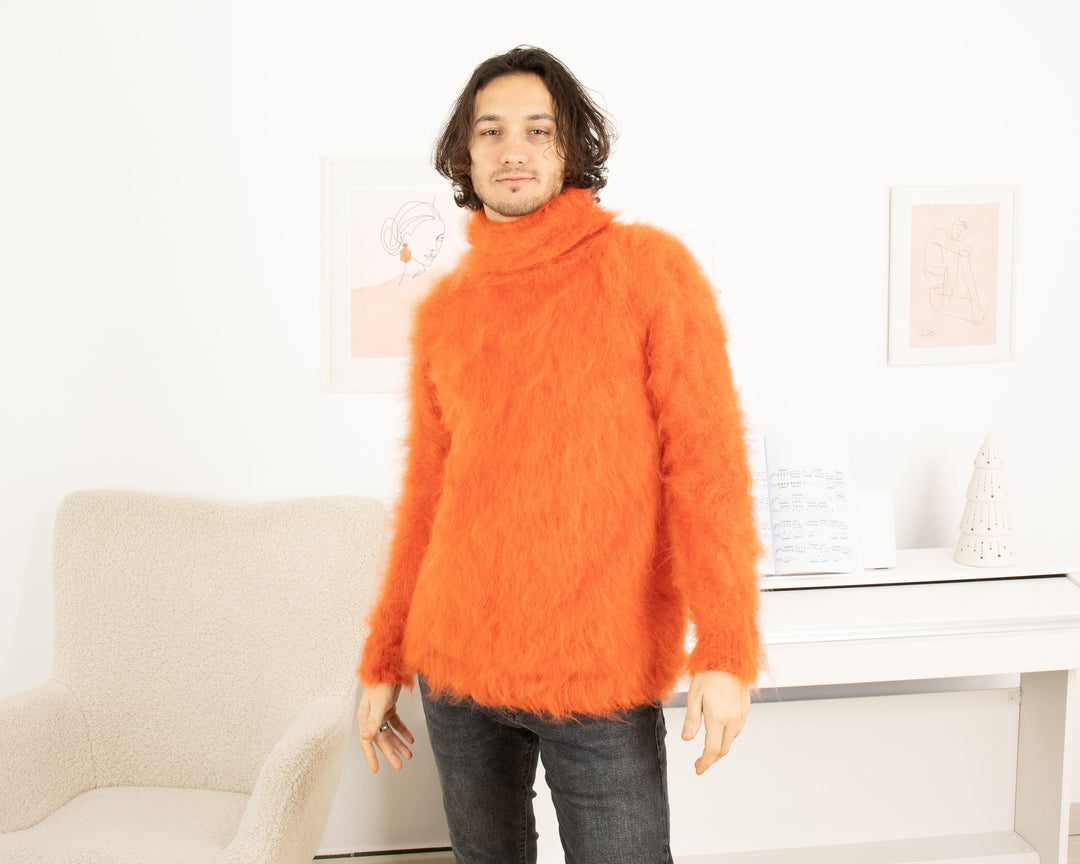 Sensual Fluffy Orange Mohair Sweater – Soft Turtleneck Winter Pullover T1323