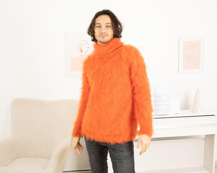 Sensual Fluffy Orange Mohair Sweater – Soft Turtleneck Winter Pullover T1323