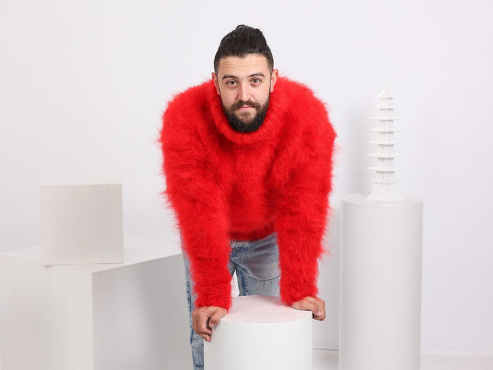 Chunky Green Mohair Sweater – Hand-Knitted Fluffy Turtleneck Jumper T1663
