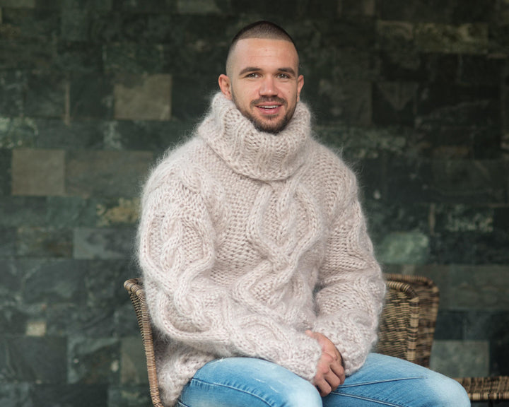 Beige Hand-Knitted Mohair Sweater – Oversized Cable Knit Turtleneck Jumper T844M