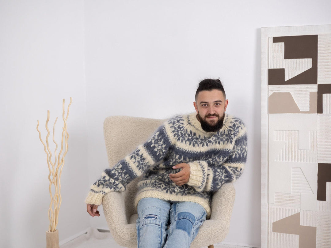 Nordic Mohair Sweater – Hand-Knit Norwegian Style Wool Jumper for Men and Women T1688