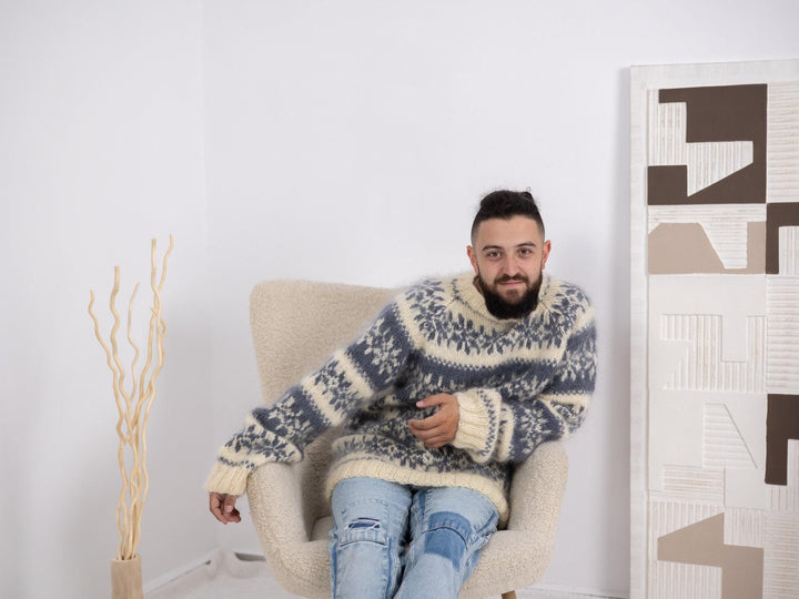 Nordic Mohair Sweater – Hand-Knit Norwegian Style Wool Jumper for Men and Women T1688