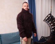 Flauschiger brauner Mohairpullover – Handgestrickter gemütlicher Winterpullover T830M