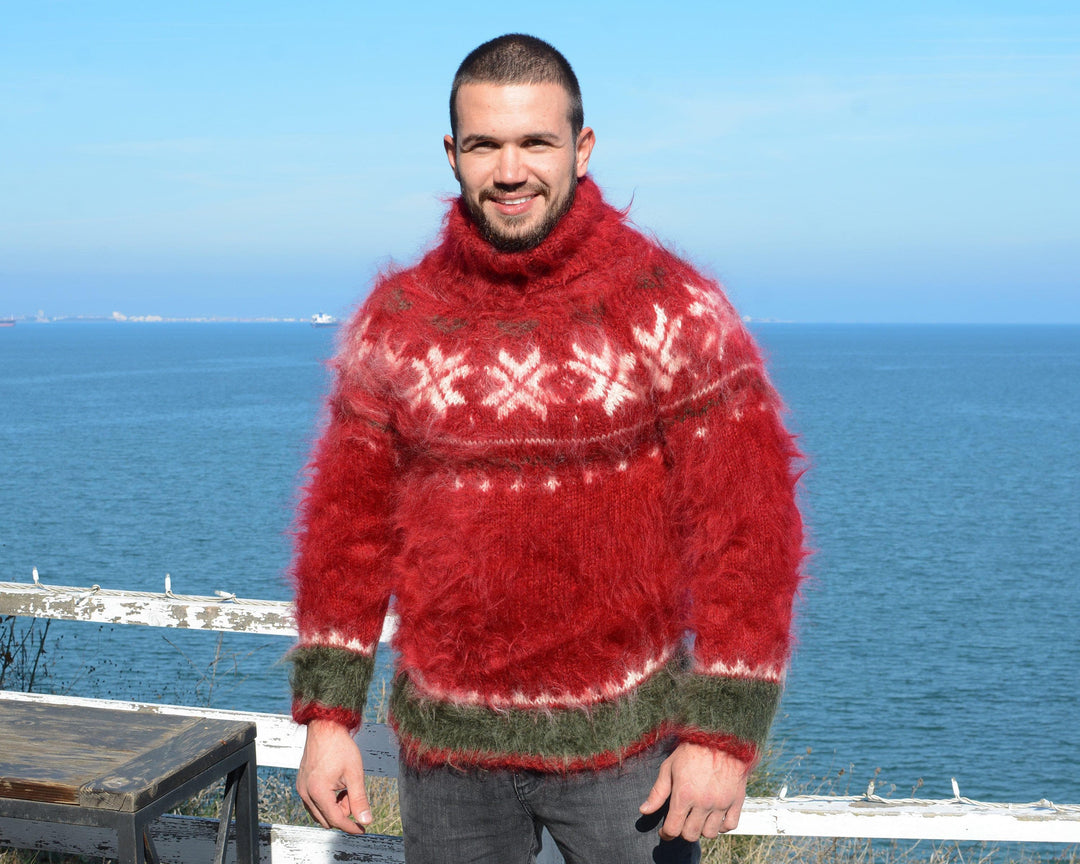 Red Norwegian Mohair Sweater – Hand-Knitted Nordic Fair Isle Men’s Jumper T678M