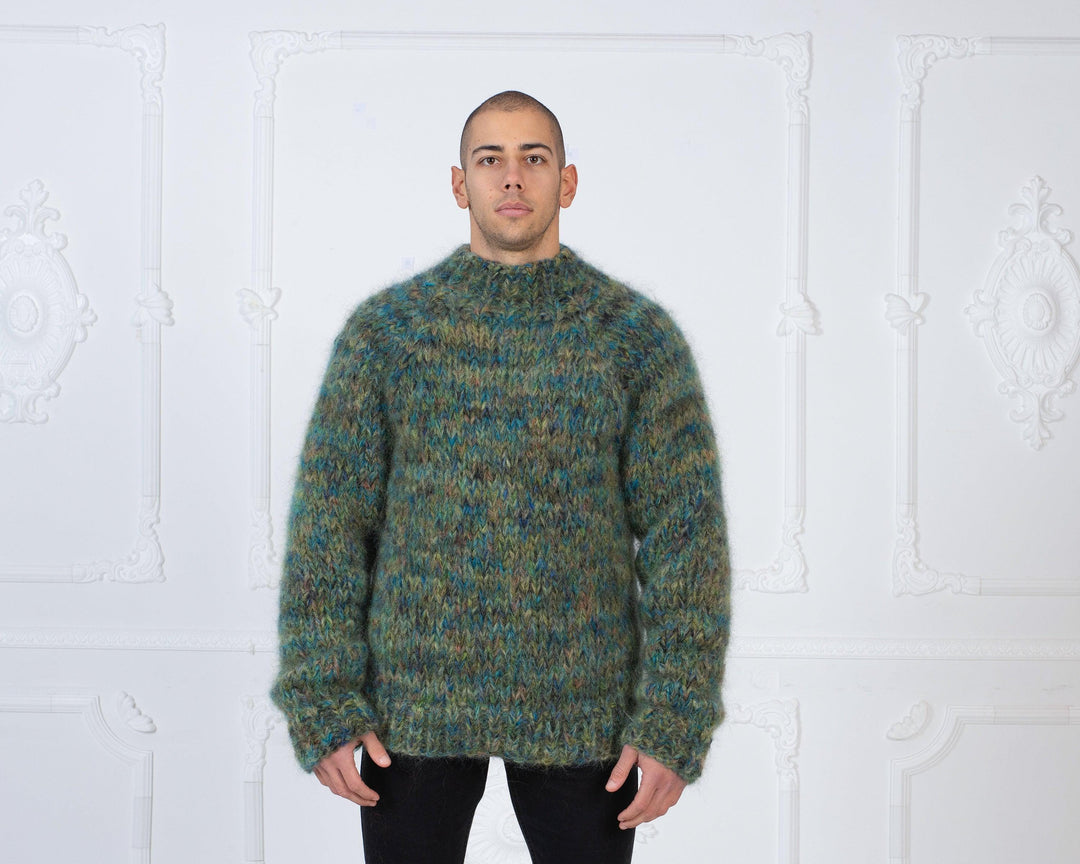 Mega Thick Soft Mohair Sweater – Hand-Knitted 6-Strand Chunky Green Melange Jumper T980M