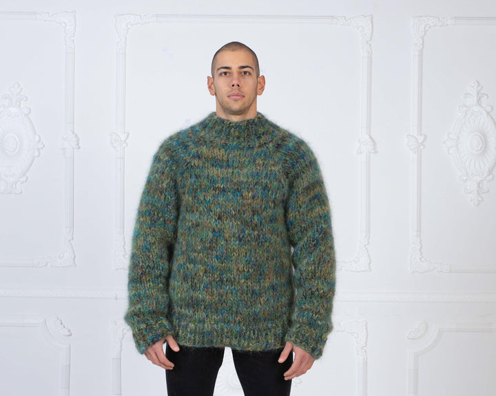 Mega Thick Soft Mohair Sweater – Hand-Knitted 6-Strand Chunky Green Melange Jumper T980M