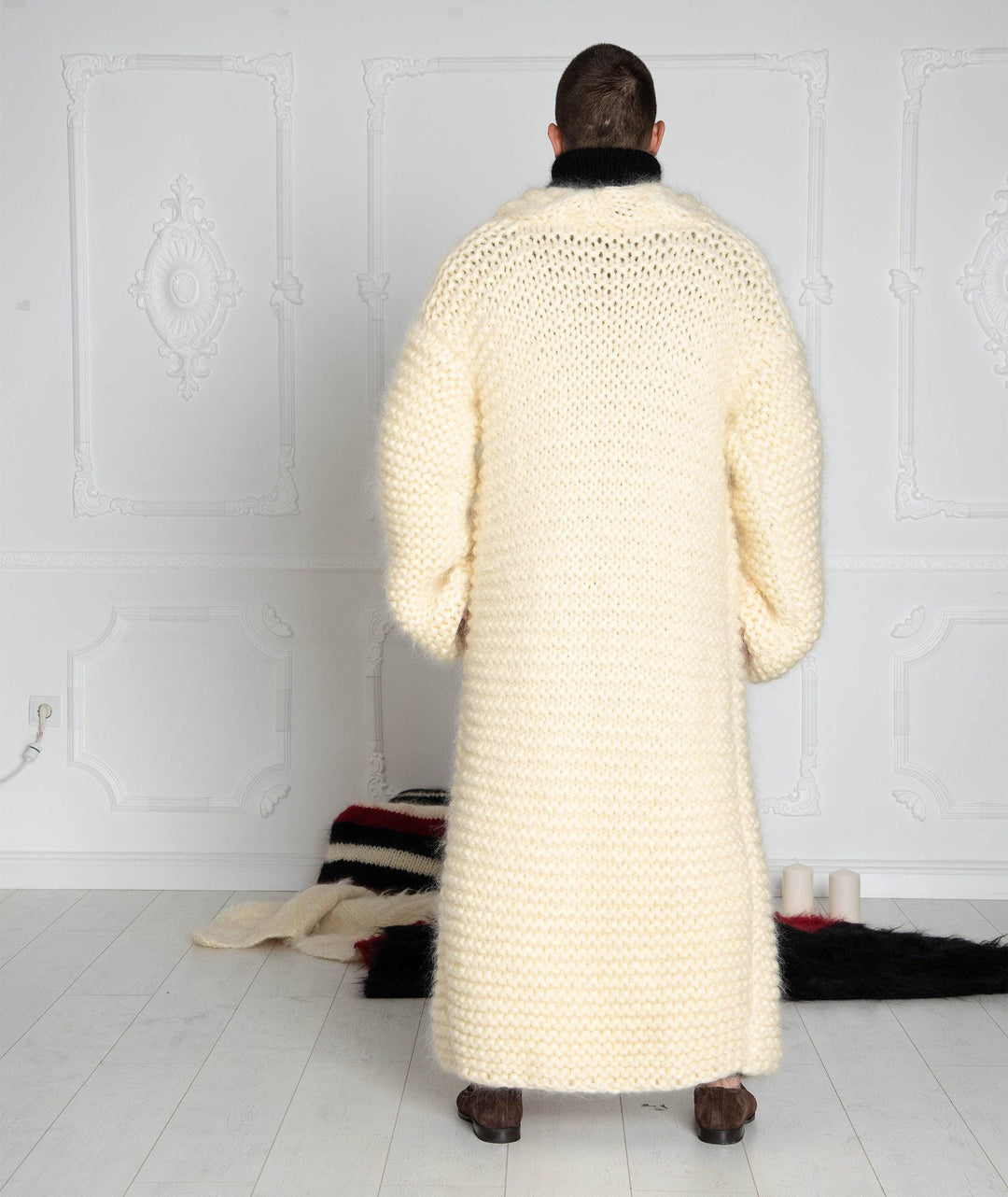 Long Cream Mohair Cardigan – Oversized Hand-Knitted Chunky Knit Jacket T639M