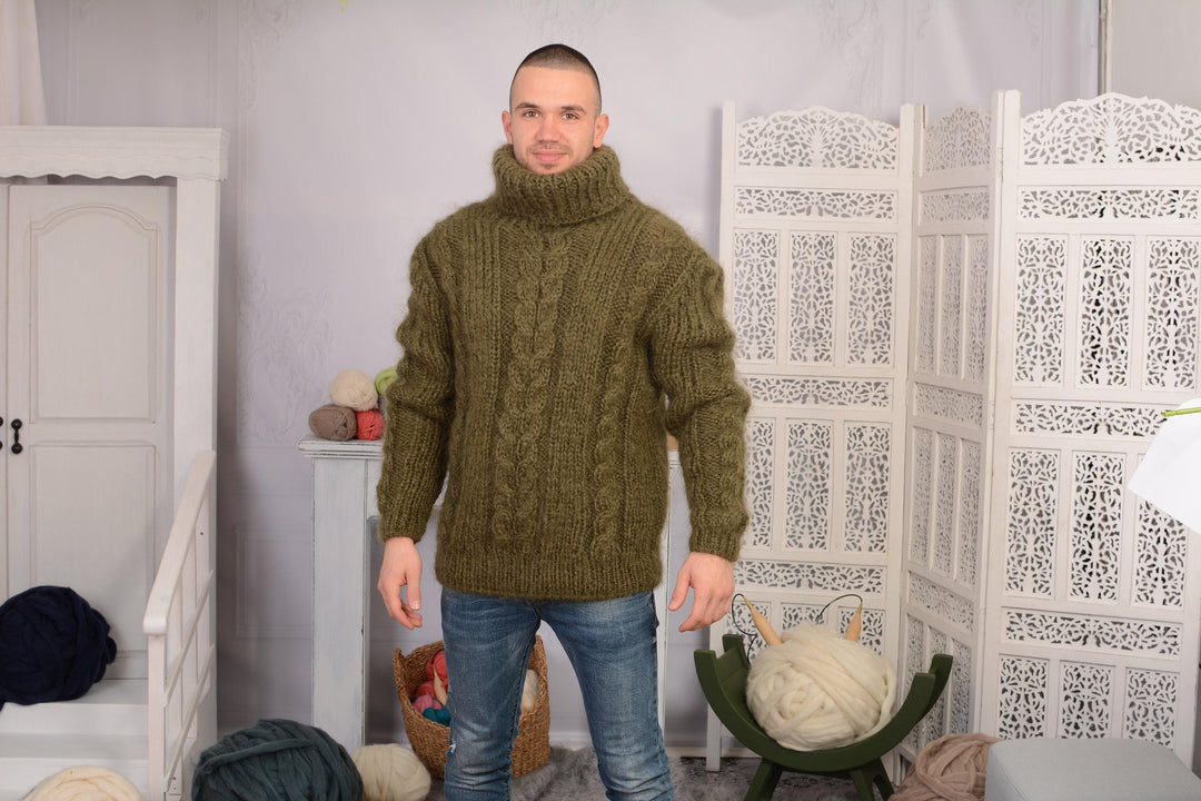 Hand-Knitted Olive Green Mohair Sweater – Unisex Chunky Ribbed Cable Turtleneck Jumper T697M