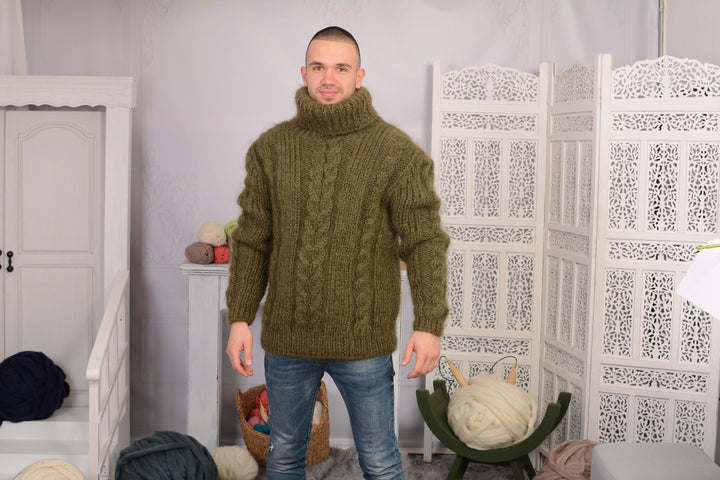Hand-Knitted Olive Green Mohair Sweater – Unisex Chunky Ribbed Cable Turtleneck Jumper T697M