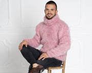 Rosa Mohairpullover – Handgestrickter stylischer Herren-Fluffy-Pullover T640M