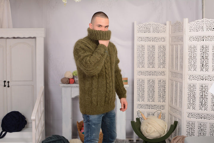 Hand-Knitted Olive Green Mohair Sweater – Unisex Chunky Ribbed Cable Turtleneck Jumper T697M