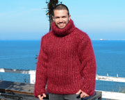 12-Strang Rollkragen Mohairpullover – Grober, handgestrickter, roter, flauschiger Unisex-Pullover T672M