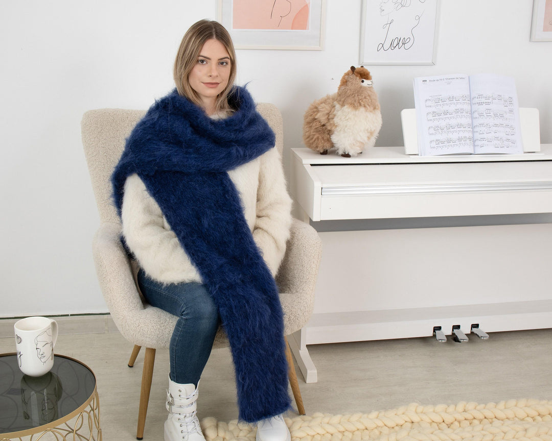 Hand-Knitted Navy Blue Mohair Scarf – Soft Fluffy Long Shawl T1343