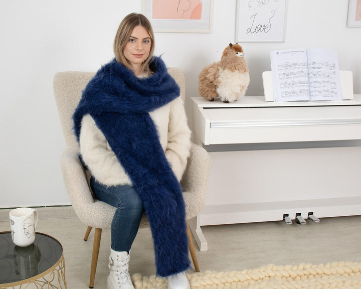 Hand-Knitted Navy Blue Mohair Scarf – Soft Fluffy Long Shawl T1343