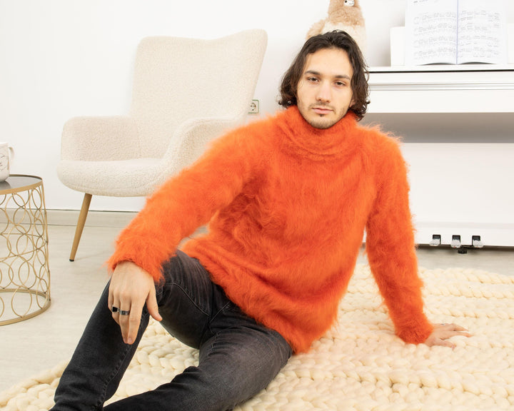 Sensual Fluffy Orange Mohair Sweater – Soft Turtleneck Winter Pullover T1323