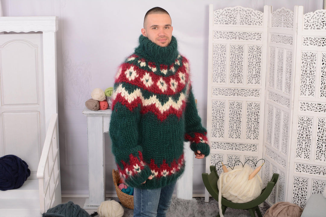 10-Strand Nordic Mohair Sweater – Hand-Knitted Chunky Icelandic Pullover T732M