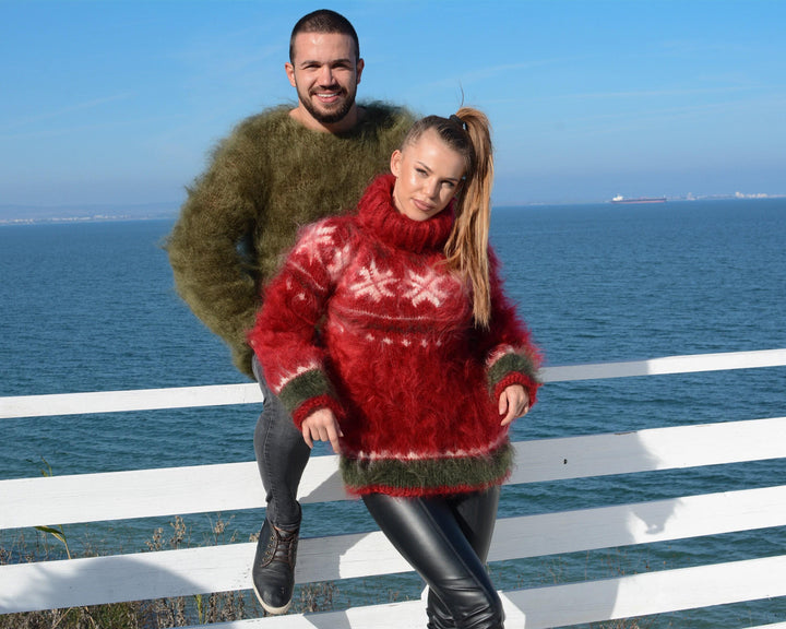 Red Norwegian Mohair Sweater – Hand-Knitted Nordic Fair Isle Men’s Jumper T678M
