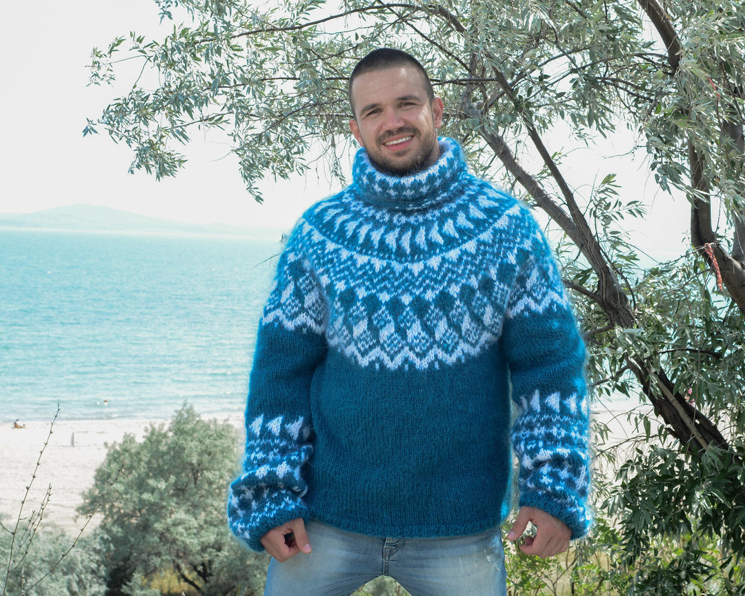 Nordic Knit Mohair Sweater – Hand-Knitted Icelandic Fair Isle Turtleneck Pullover T799
