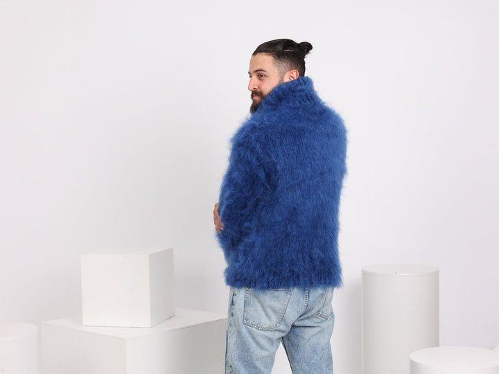 Blue Mohair Sweater – Chunky Hand-Knitted Turtleneck Jumper T1662
