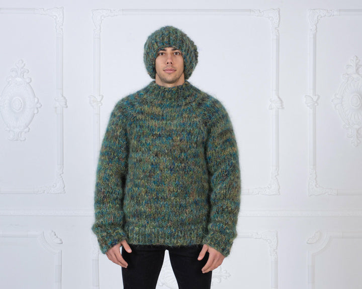Mega Thick Soft Mohair Sweater – Hand-Knitted 6-Strand Chunky Green Melange Jumper T980M