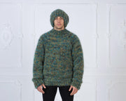 Mega dicker weicher Mohairpullover – handgestrickter 6-fädiger Chunky Jumper in Grün Melange T980M