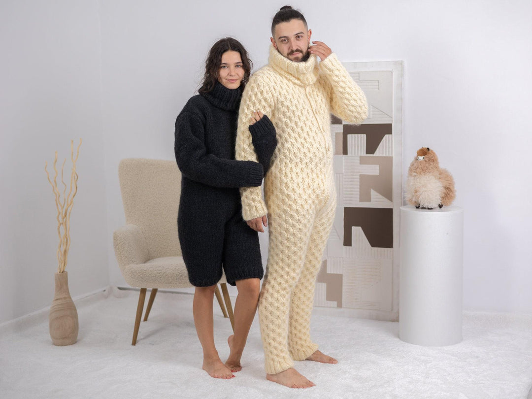 Fluffy Cream Mohair Catsuit – Fuzzy Chunky Cable Knit Hand-Knitted Overall T1684