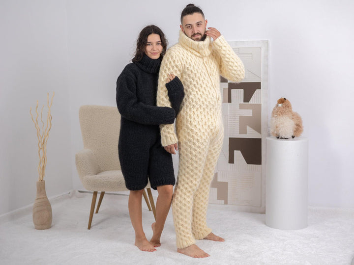Fluffy Cream Mohair Catsuit – Fuzzy Chunky Cable Knit Hand-Knitted Overall T1684