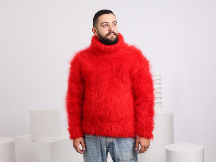 Chunky Green Mohair Sweater – Hand-Knitted Fluffy Turtleneck Jumper T1663