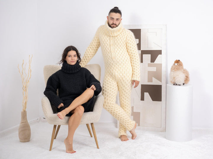 Fluffy Cream Mohair Catsuit – Fuzzy Chunky Cable Knit Hand-Knitted Overall T1684