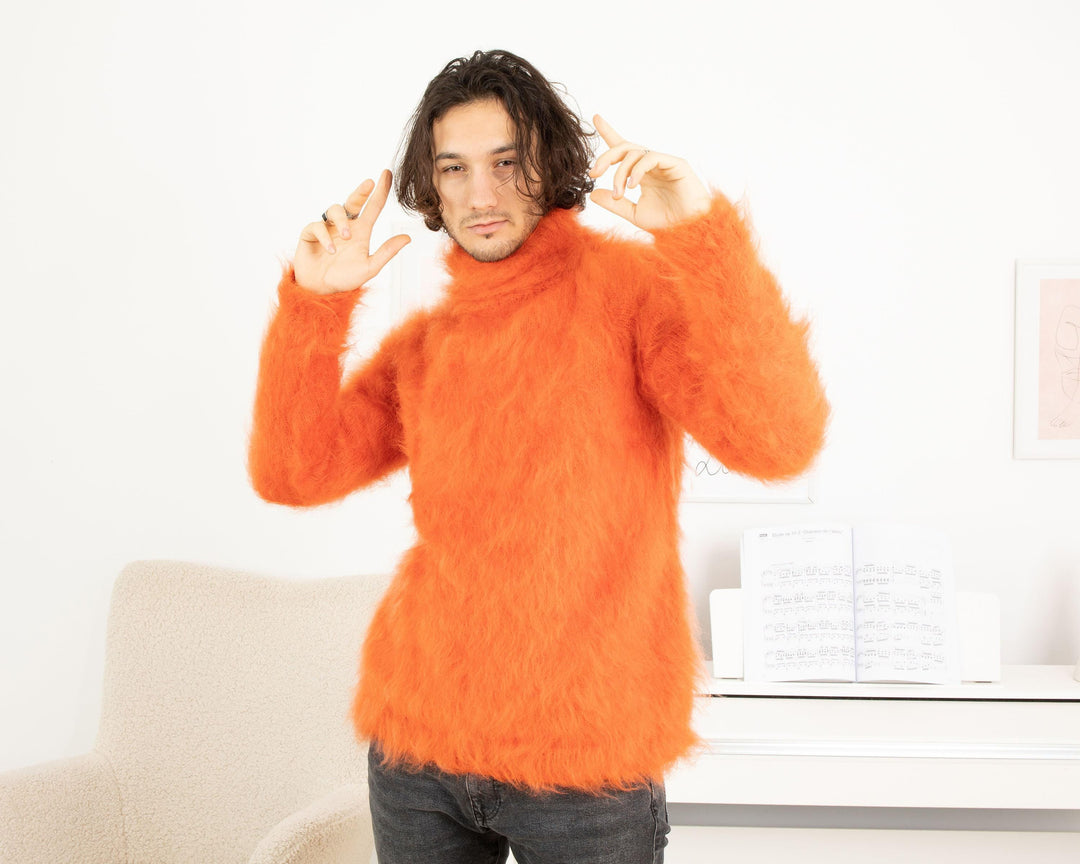 Sensual Fluffy Orange Mohair Sweater – Soft Turtleneck Winter Pullover T1323