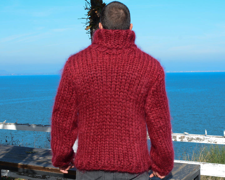 12-Strand Turtleneck Mohair Sweater – Chunky Hand-Knitted Red Fluffy Unisex Pullover T672M
