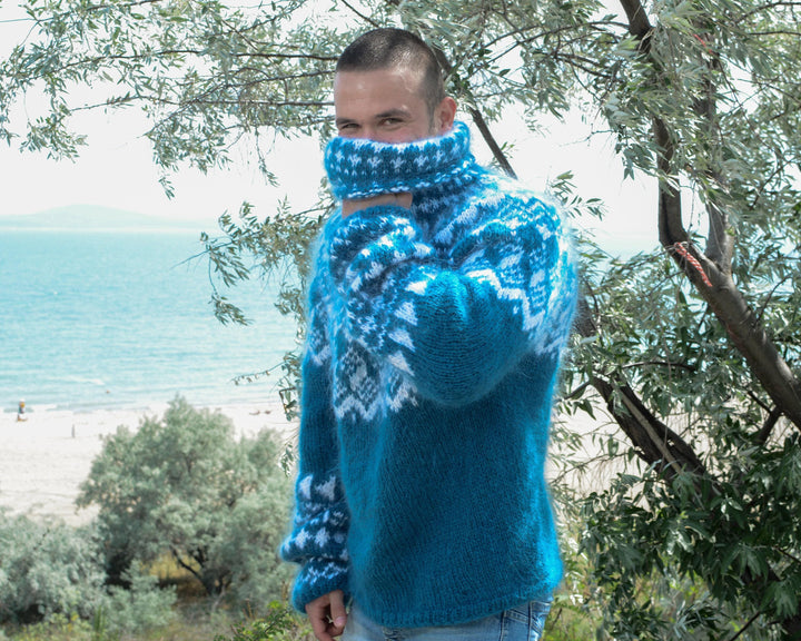 Nordic Knit Mohair Sweater – Hand-Knitted Icelandic Fair Isle Turtleneck Pullover T799