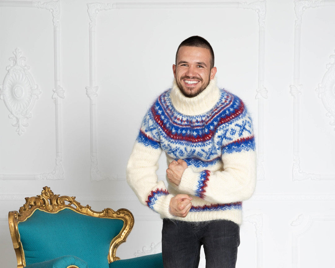 Norwegian Mohair Sweater – Hand-Knitted Fluffy Nordic Fair Isle Jumper for Women T650