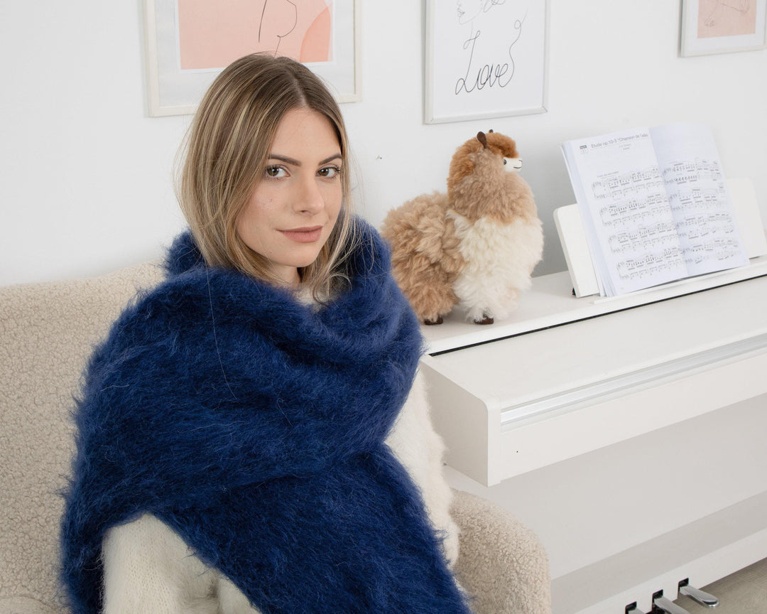 Hand-Knitted Navy Blue Mohair Scarf – Soft Fluffy Long Shawl T1343