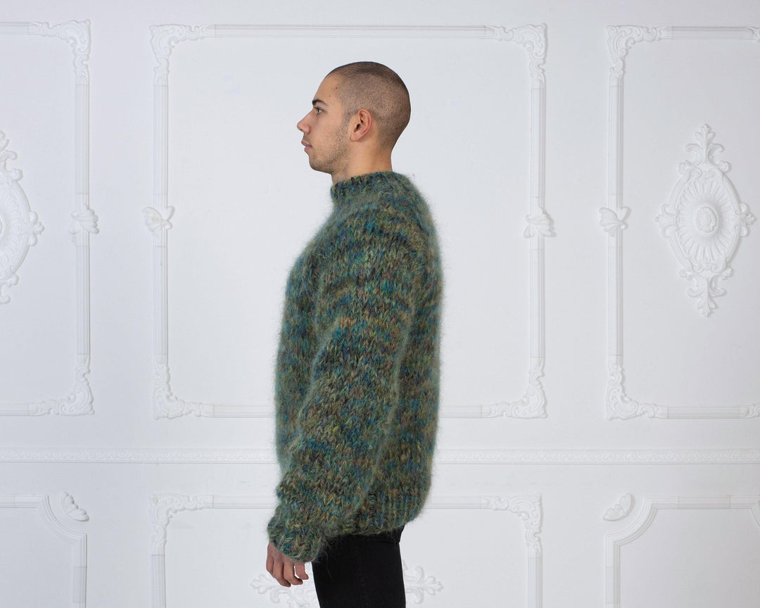 Mega Thick Soft Mohair Sweater – Hand-Knitted 6-Strand Chunky Green Melange Jumper T980M