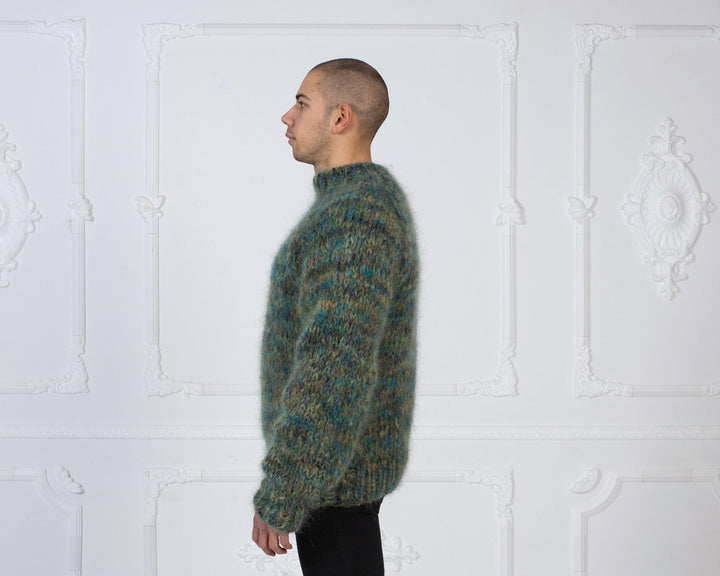 Mega Thick Soft Mohair Sweater – Hand-Knitted 6-Strand Chunky Green Melange Jumper T980M