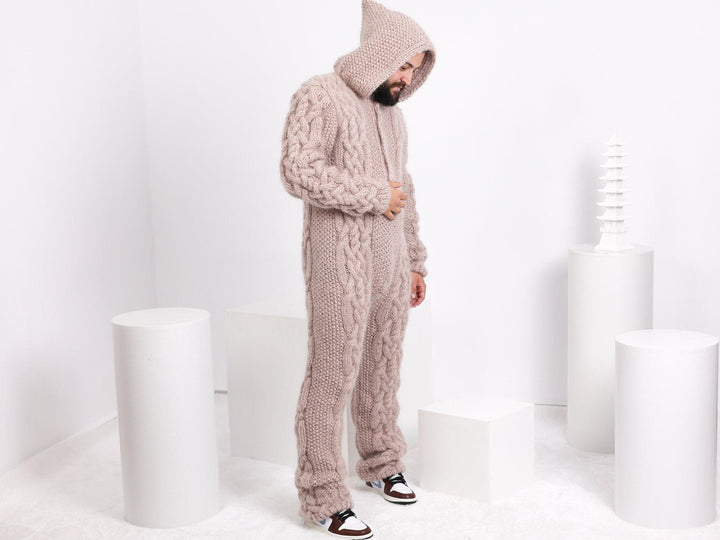 Fluffy Beige Mohair Catsuit – Fuzzy Chunky Cable Knit Hand-Knitted Overall T1659