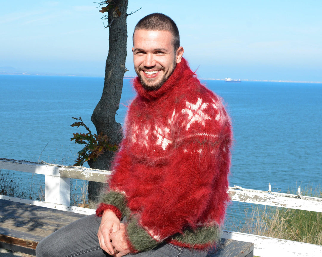 Red Norwegian Mohair Sweater – Hand-Knitted Nordic Fair Isle Men’s Jumper T678M