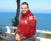 Roter Norwegischer Mohair-Pullover – Handgestrickter Nordischer Fair-Isle Herrenpullover T678M