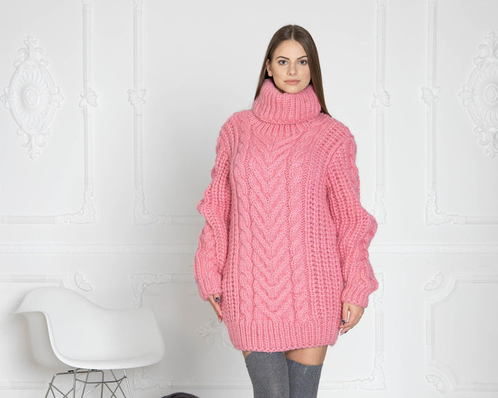 Wool Sweater Pink Cable Knit Turtleneck, Hand Knitted Virgin Wool Pullover T625