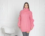 Wollpullover Rosa Zopfmuster Rollkragen, Handgestrickter Pullover aus Schurwolle T625
