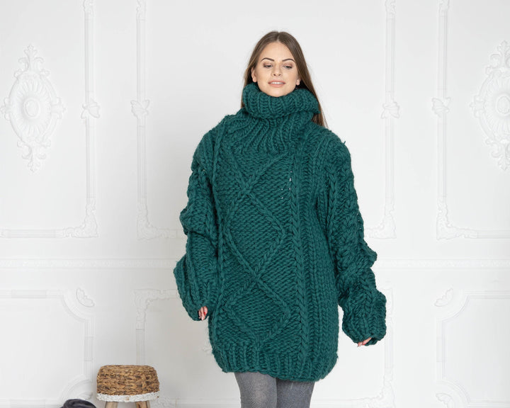 5-Strand Thick Wool Sweater – Hand-Knitted Green Cable Pullover T629W