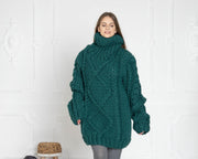 Pull à col roulé épais en laine à 5 brins – Tricoté main vert torsadé T629W