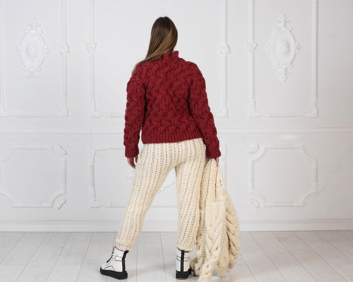 Wool Sweater Wine Red Cable Knit, Hand Knitted Chunky Wool Jumper T972