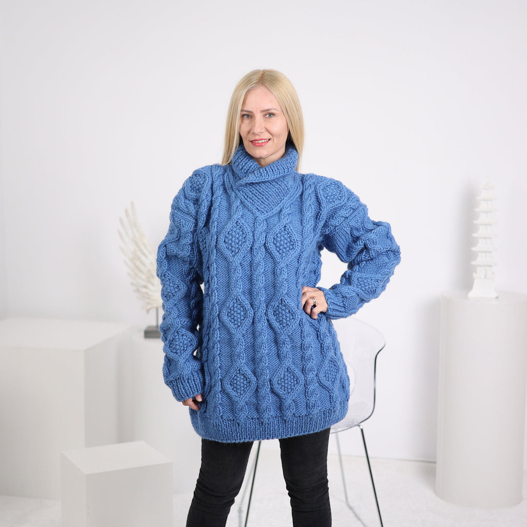 Blue Cable Knit Sweater, Hand Knitted 100% Wool Jumper, Chunky Winter Pullover T1630