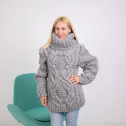 Pull en tricot torsadé épais gris – Pull en laine tricoté à la main avec col roulé extra-haut de 50 cm T1877