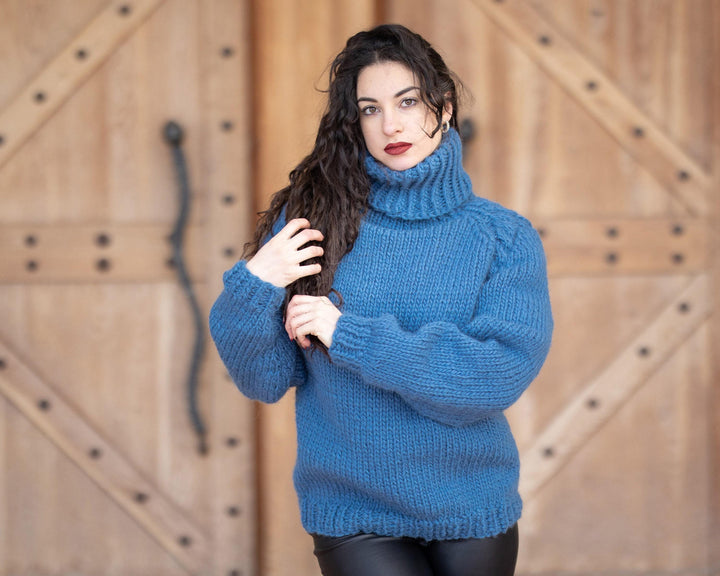 Wool Sweater Blue Chunky Knit, Hand Knitted 2-Strand 100% Wool Pullover T1353