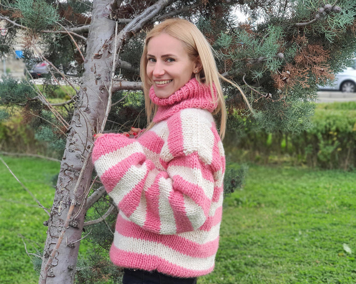 Wool Sweater Pink Striped Turtleneck, Hand Knitted Chunky 100% Wool Pullover T920