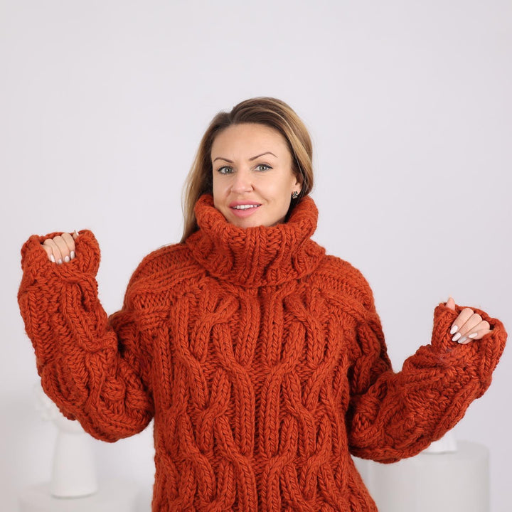 Chunky Cable Knit Wool Sweater, Hand Knitted 100% Wool Turtleneck Pullover, T1786